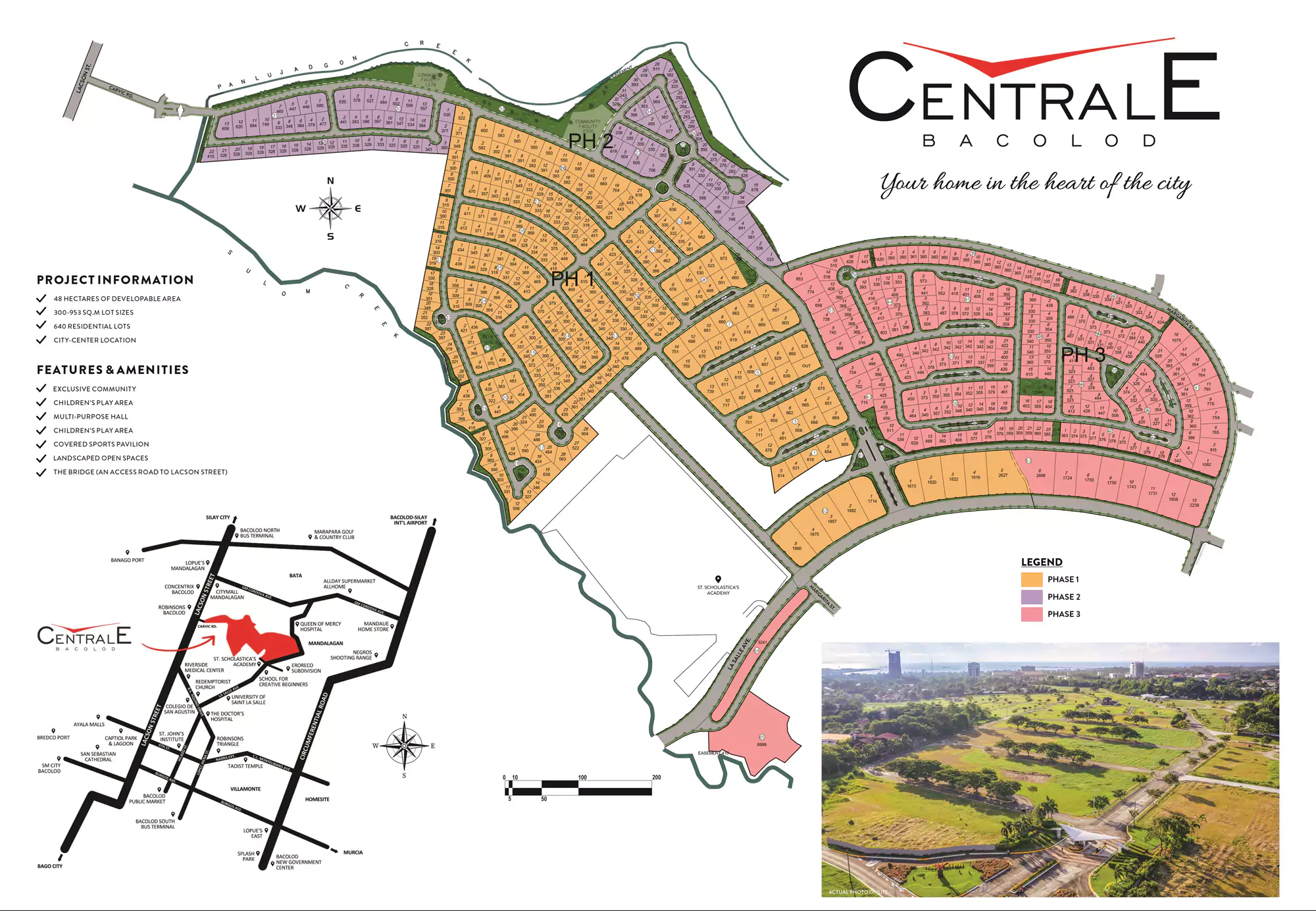 Centrale Bacolod Residential Village Masterplan Sales map of Centrale Bacolod residential development showing Phases 1, 2, and 3 with color-coded lot areas, project information, features and amenities, a location map, and an aerial view of the site.