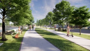 photo of green space with a person resting on bench, exercising, riding a scooted and trees